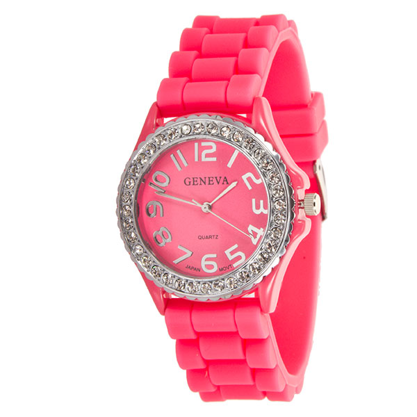 Wholesale nEON PINK LARGER Silicone stone rubber watch band crystal rhinestones
