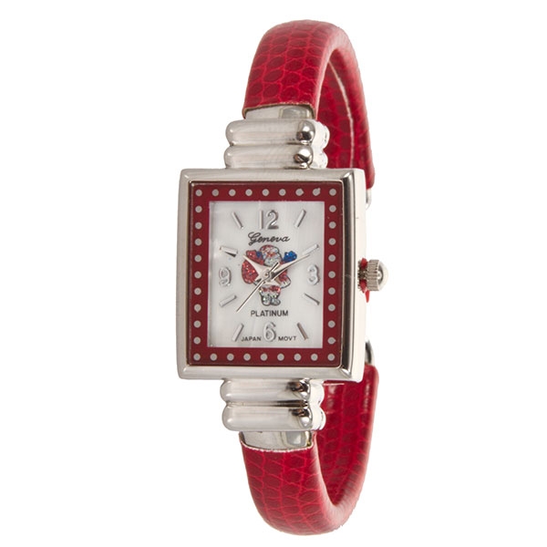 Wholesale red leather band cuff watch inch red silver toned square Santa center