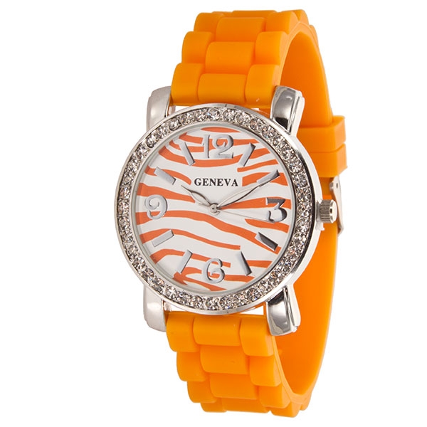 Wholesale orange Zebra Print Large Silicone stone rubber watch band crystal rhin