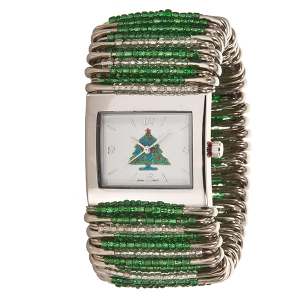 Wholesale safety pin green bead watch Christmas tree icon whimsical framed silve