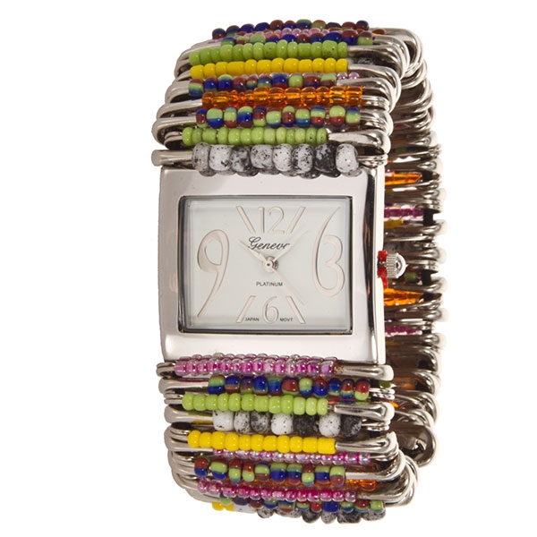 Wholesale safety pin multi colored stretch bead watch whimsical framed silver fi
