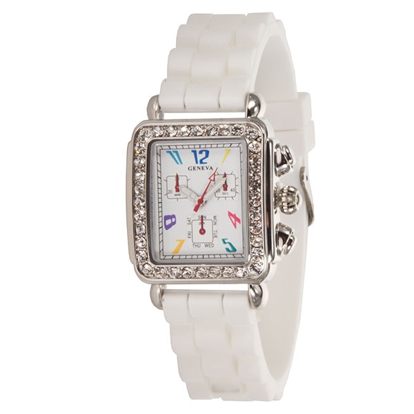 Wholesale white silicone stone rubber watchband rectangular silver finish crysta