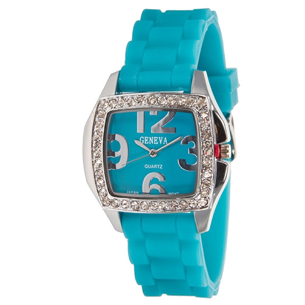Wholesale aqua silicone stone rubber watchband square silver finish crystal rhin