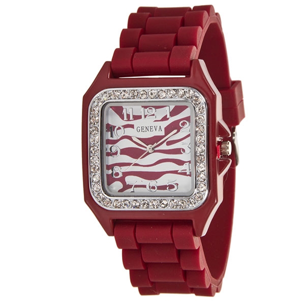 Wholesale crimson silicone watch square inch zebra print framed crystal rhinesto