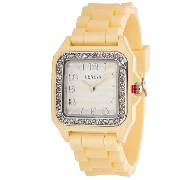 Wholesale vanilla silicone watch square inch zebra print framed crystal rhinesto