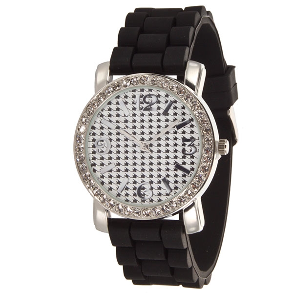 Wholesale black silicone houndstooth watch inch framed crystal rhinestones