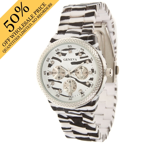 Wholesale zebra print plastic band watch inch ivory framed silver accents