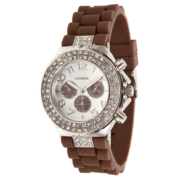 Wholesale brown silicone watch inch framed crystal rhinestones