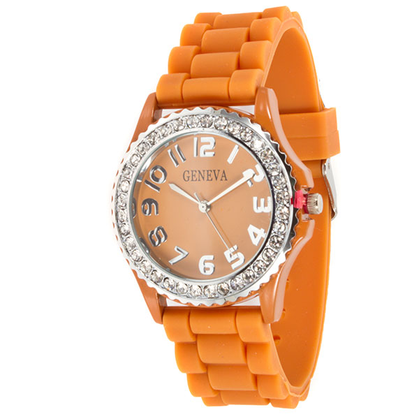 Wholesale tan silicone watch band crystal rhinestones surrounding fashion watch