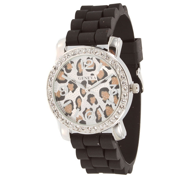 Wholesale black silicone watch large inch leopard print block letters crystal cl