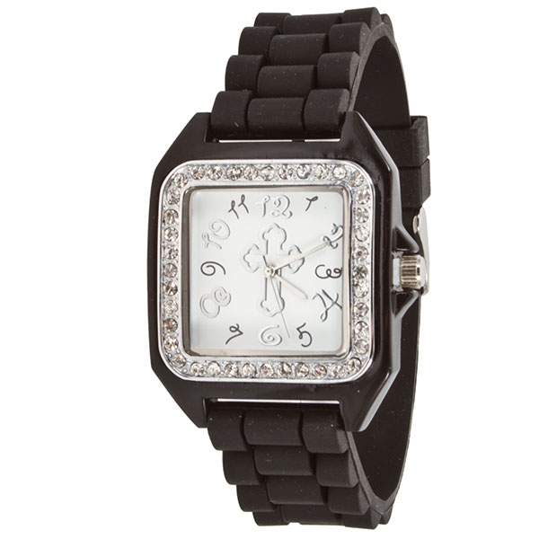 Wholesale black Silicone watch band crystal rhinestones surrounding square s cro