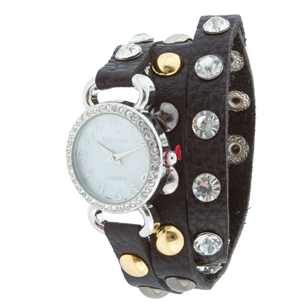 Wholesale black wrap watch silver crystal rhinestones silver gold studs