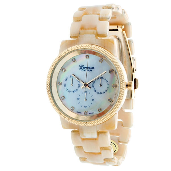 Wholesale cream colored acrylic band watch gold details surrounding abalone Dial