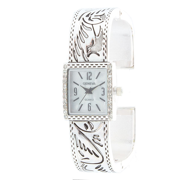 Wholesale silver hinge band watch square crystal rhinestone accents