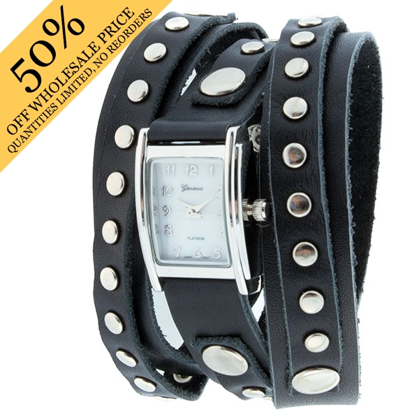 Wholesale black wrap watch polished silver square silver studs