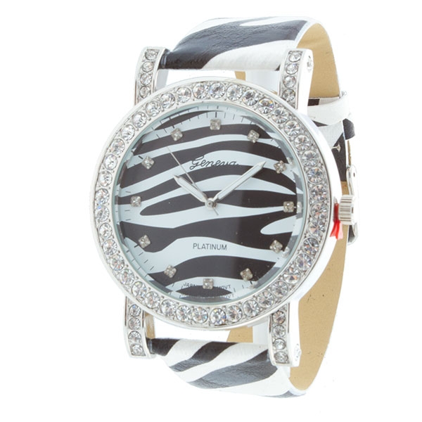 Wholesale zebra print faux leather watch crystal rhinestone accents