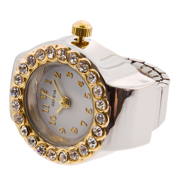 Wholesale silver toned stretch band Ring watch gold accents small crystal rhines