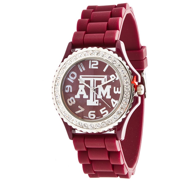 Wholesale maroon silicone watch band crystal rhinestones surrounding Texas M log
