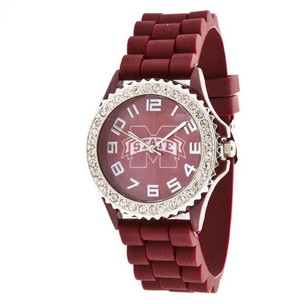 Wholesale maroon Silicone watch band crystal rhinestones surrounding Mississippi