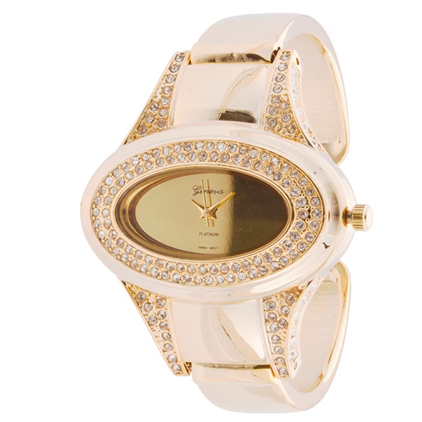 Wholesale gold toned metal cuff watch covered small rhinestone accents