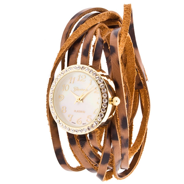 Wholesale brown faux leather leopard print wrap watch white gold toned crystal r