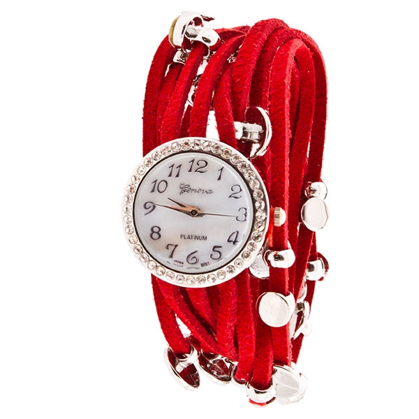 Wholesale red faux suede leather band wrap watch silver toned beads crystal rhin