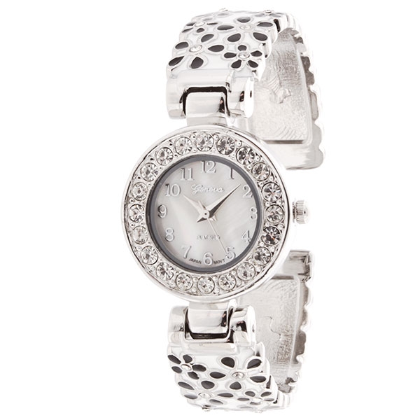 Wholesale silver toned metal cuff watch black floral pattern rhinestones