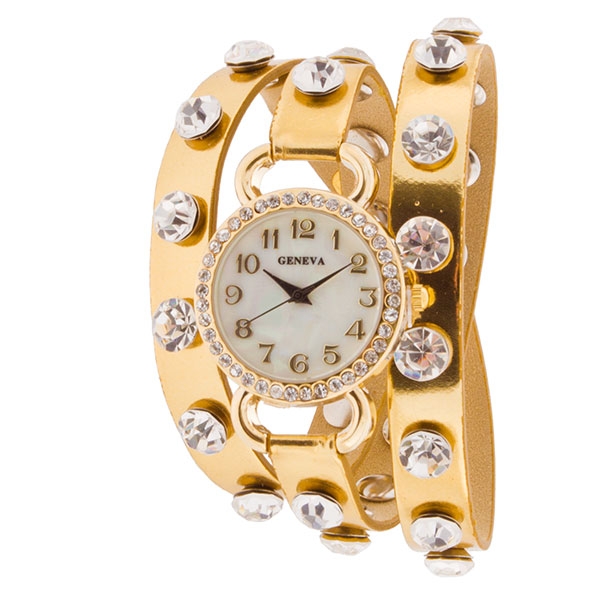 Wholesale metallic gold leather band wrap watch crystal rhinestones