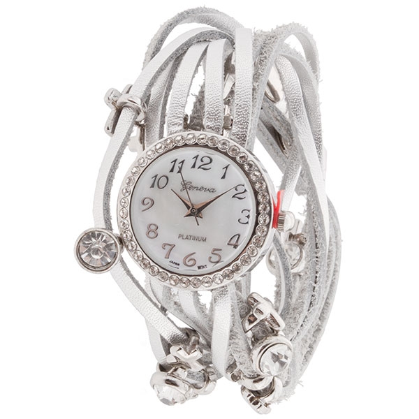 Wholesale white leather band wrap watch crystal rhinestone accents