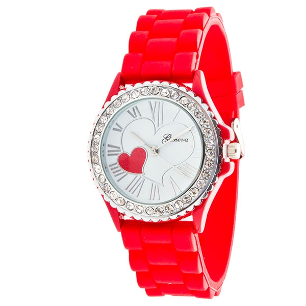 Wholesale bright Red silicone band watch romantic L O V E crystal rhinestones