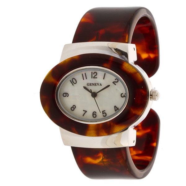 Wholesale cuff bangle lucite band watch faux marble finish tortoise shell tones