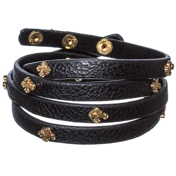 Wholesale wrap black faux leather bracelet adorned gold crosses