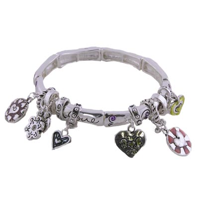 Wholesale heart Floral Designs Simulated Diamonds Charm Bracelet Stretch Silver