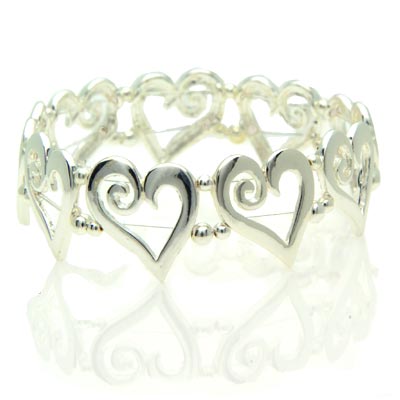 Wholesale hearts Beads Polished Silver Stretch Band Bracelet Lead Free Bracelet