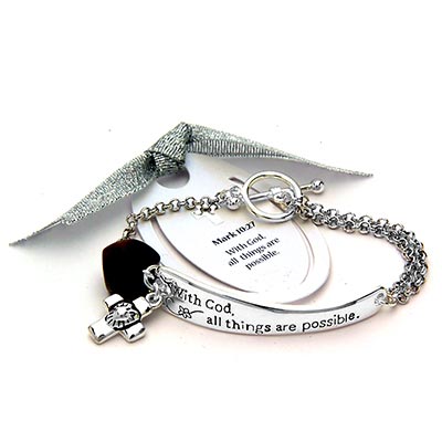 Wholesale inspirational Polished Silver Charm Bracelet Jet Stone Cross Charm Out