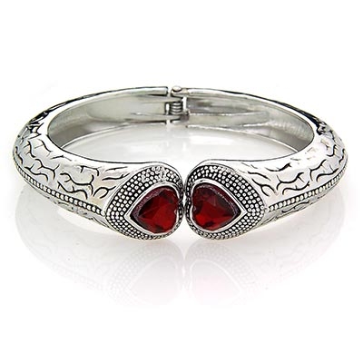 Wholesale polished Silver Bracelet has Etched Designs Burgundy Glass Heart End S