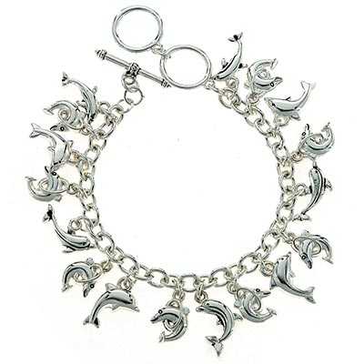 Wholesale playful Dolphins Polished Silver Charm Bracelet Toggle Connector Lead