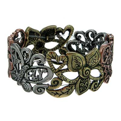 Wholesale matte Silver Gold Brass Stretch Band Bracelet Butterfly Floral Designs