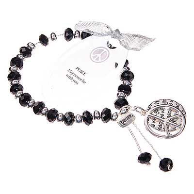 Wholesale peace Charm Bracelet Jet Polished Silver Beads Stretch Band Bracelet I