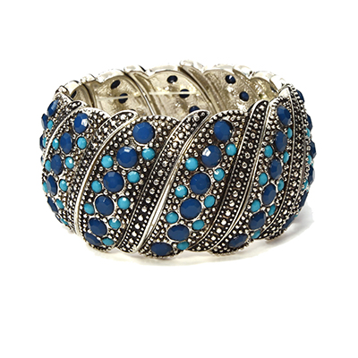 Wholesale designer Stretch Band Bracelet Polished Silver Turquoise Dark Blue Acr