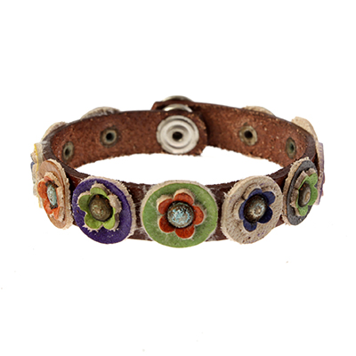 Wholesale leather Band Bracelet Brown All Leather Floral Designs Snap Connector