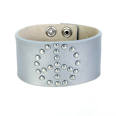 Wholesale genuine Leather Silver Bracelet Peace Sign Stud Snap Connector Bracele