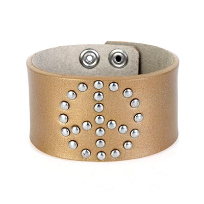 Wholesale genuine Leather Gold Bracelet Peace Sign Stud Snap Connector Bracelet