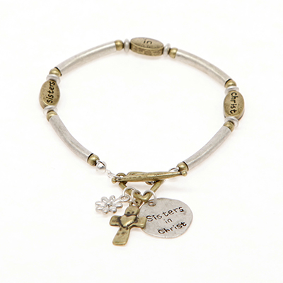 Wholesale inspirational Charm Bracelet Inscription Reads Sisters Christ Cross Ch