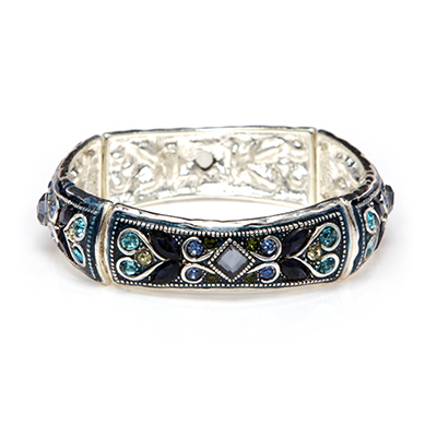 Wholesale polished Silver Bracelet Blue Lacquer Light Blue Yellow CZs Stretch Ba
