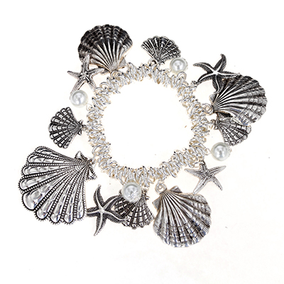 Wholesale shells Starfish Engraved Polished Silver Black Accents Glass Pearls Br