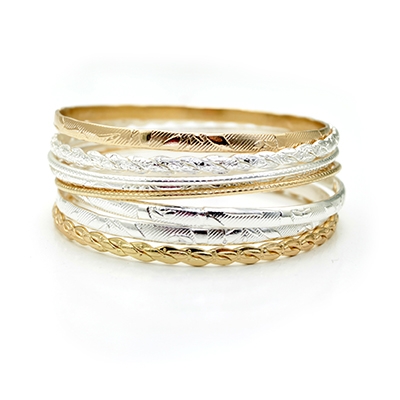 Wholesale seven bright gold silver multi textured bangles total