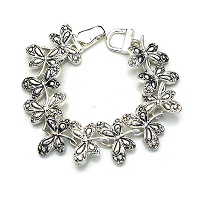Wholesale embossed Butterfly Designs Polished Silver Bracelet Black Trim Magneti