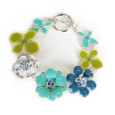 Wholesale teal Green Blue Lacquer Polished Silver Floral Designs Bracelet Toggle