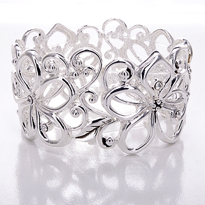 Wholesale floral Filigree Polished Silver Bracelet CZs Lead Compliant Stretch Ba